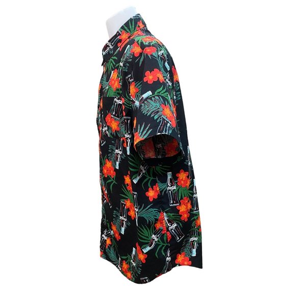 Coca-Cola Black Men XXL Hawaiian Button Up Shirt Floral Tropical Print - Picture 7 of 10